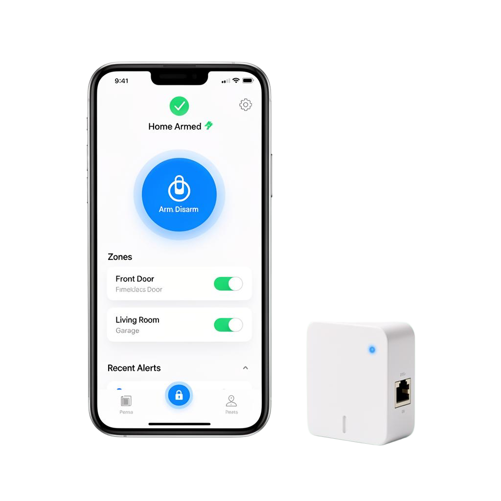 synced smart alarm app with a small Ethernet and WiFi communicator device